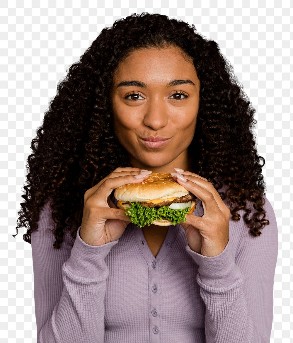 Woman eating hamburger png sticker, transparent background 