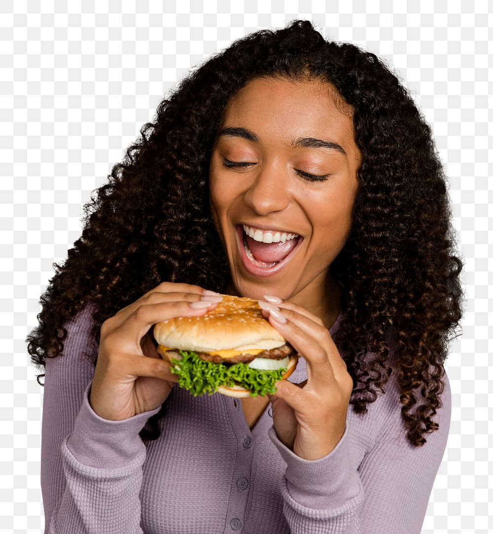 Png woman eating hamburger sticker, transparent background 