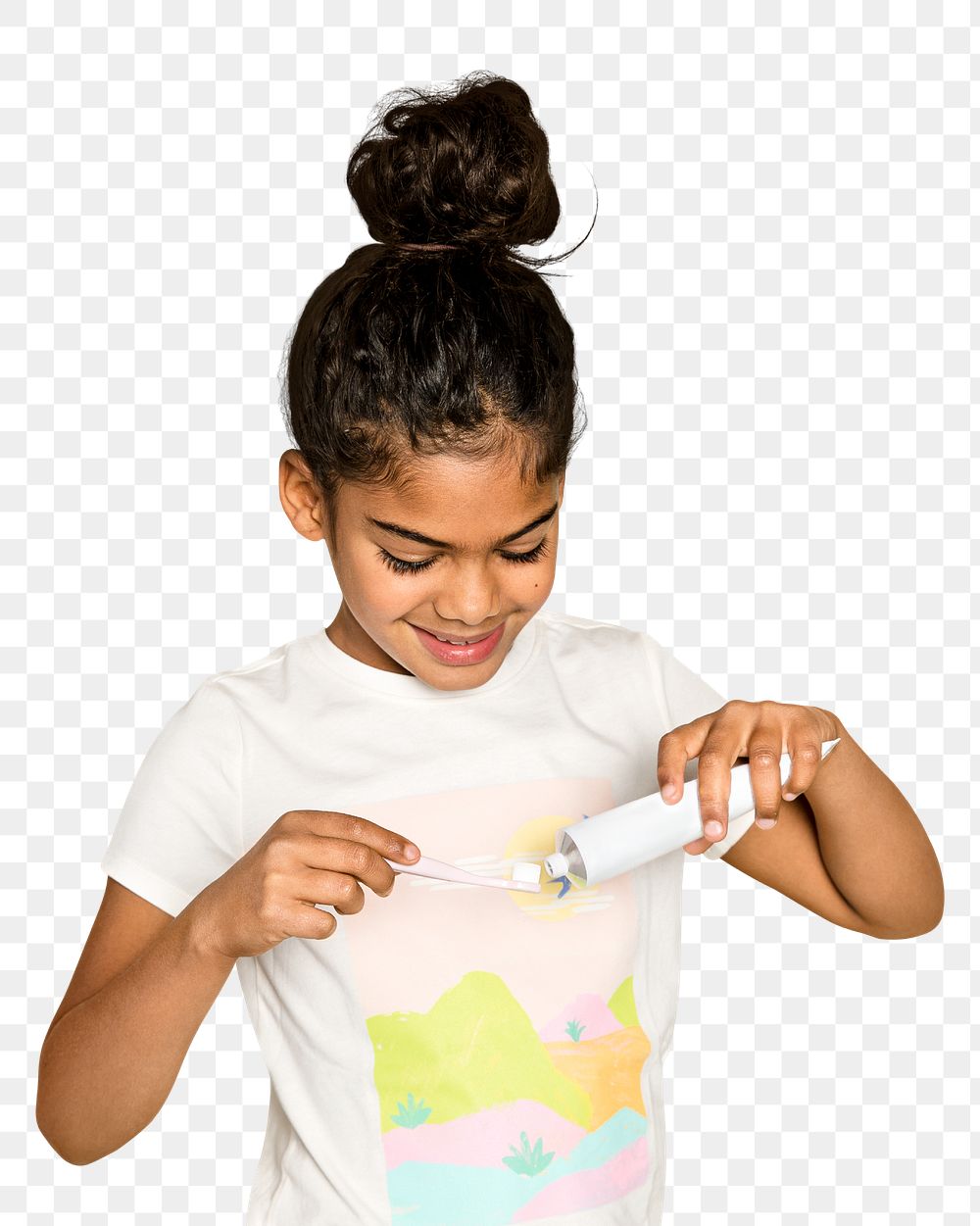 Png kid's dental hygiene, girl putting toothpaste on toothbrush, transparent background 