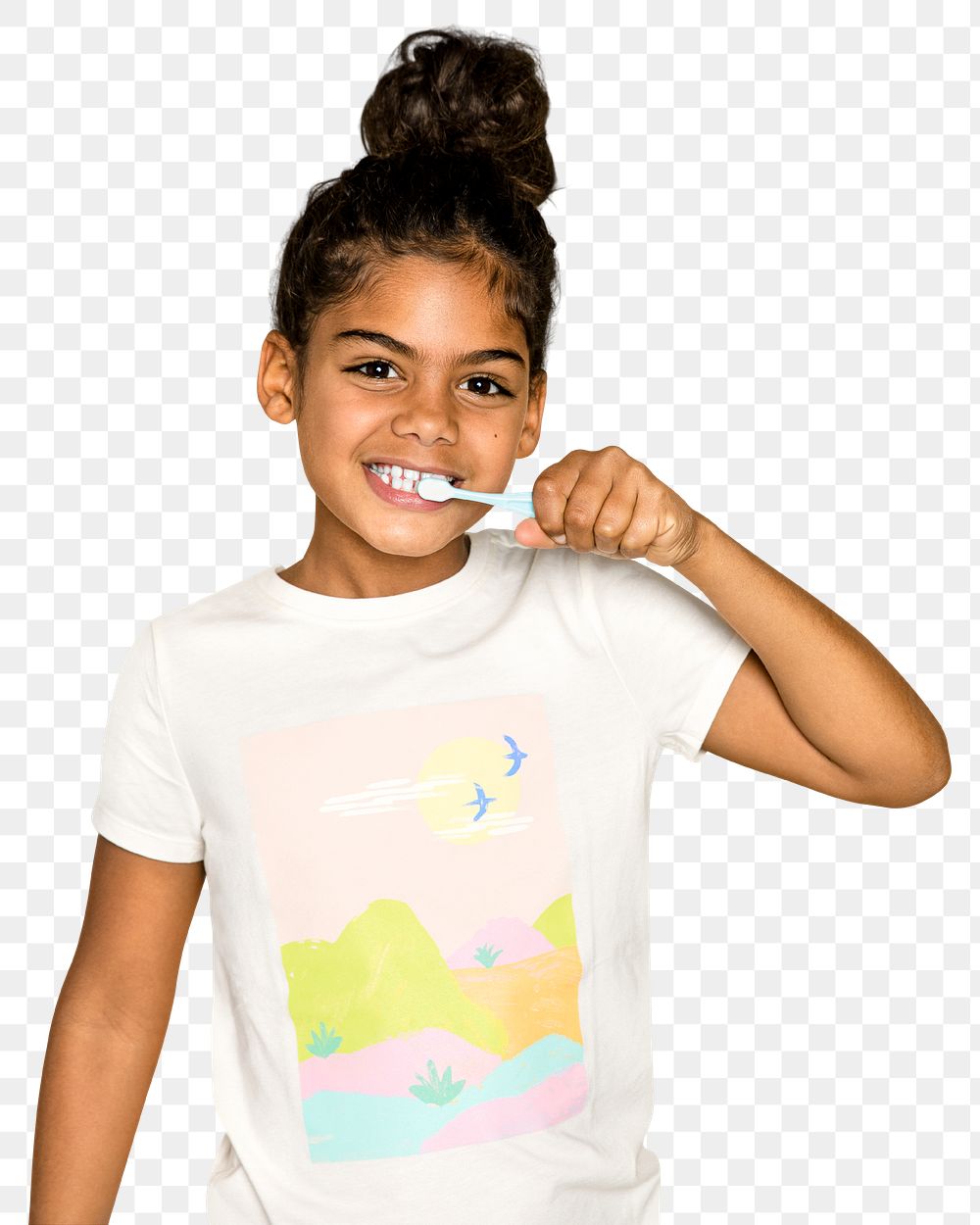 Girl brushing teeth png sticker, transparent background 
