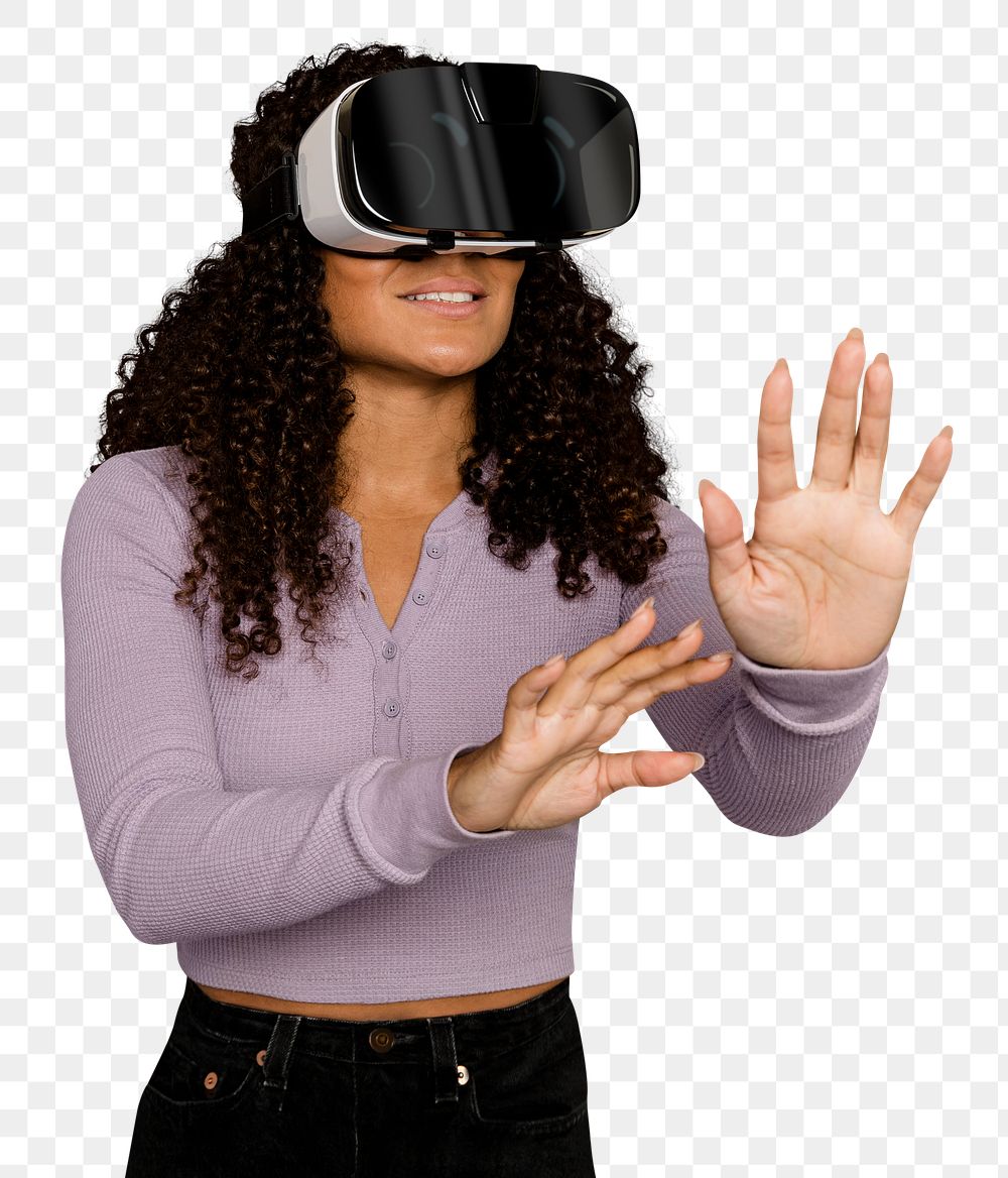 Virtual reality png sticker, woman in Metaverse, transparent background