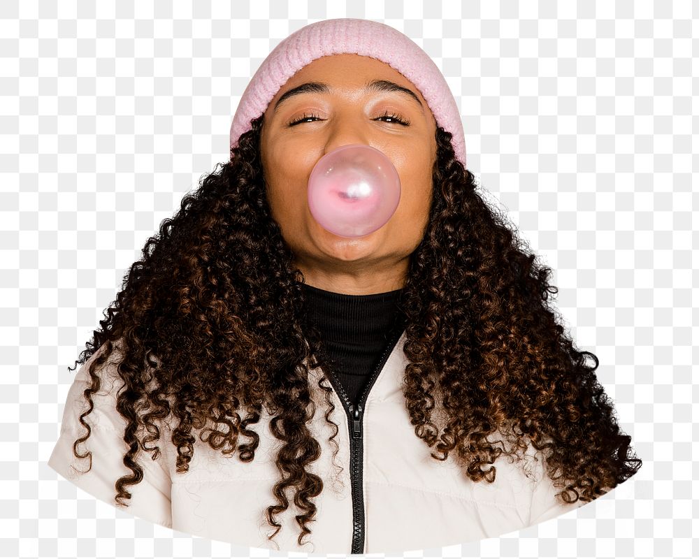 Png woman with bubblegum sticker, transparent background