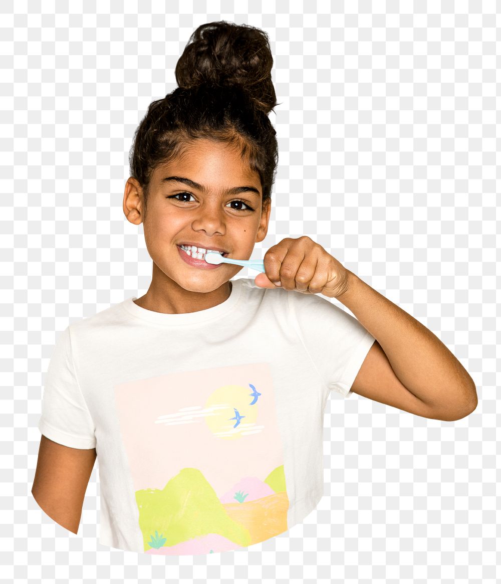 Girl brushing teeth png sticker, transparent background 