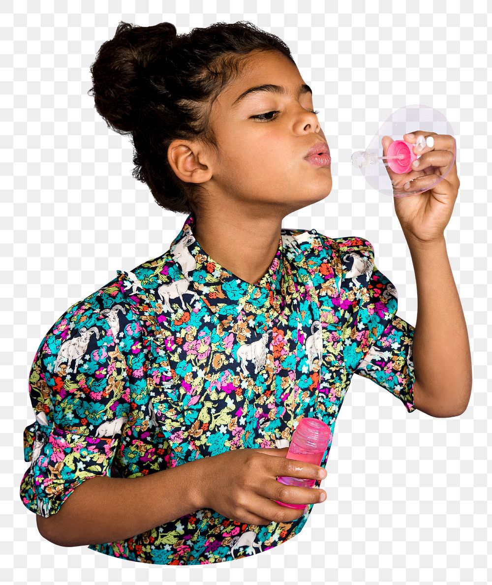 Png girl blowing soap bubbles sticker, transparent background