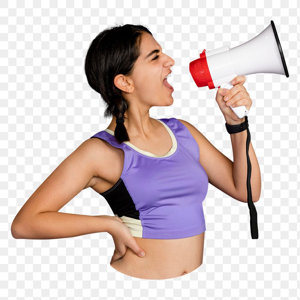 Women's rights png sticker, feminist with megaphone, transparent background