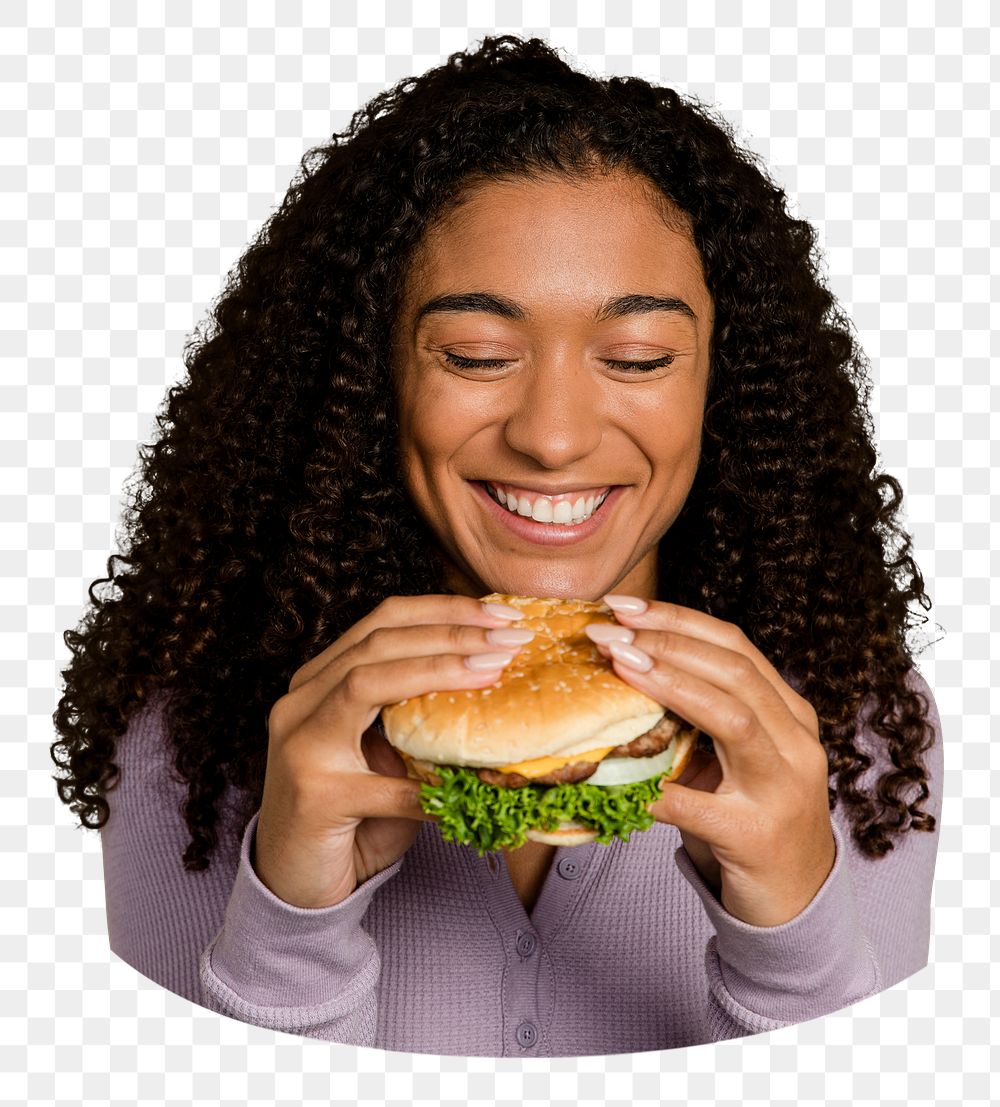 Hamburger png sticker, woman eating lunch, transparent background 