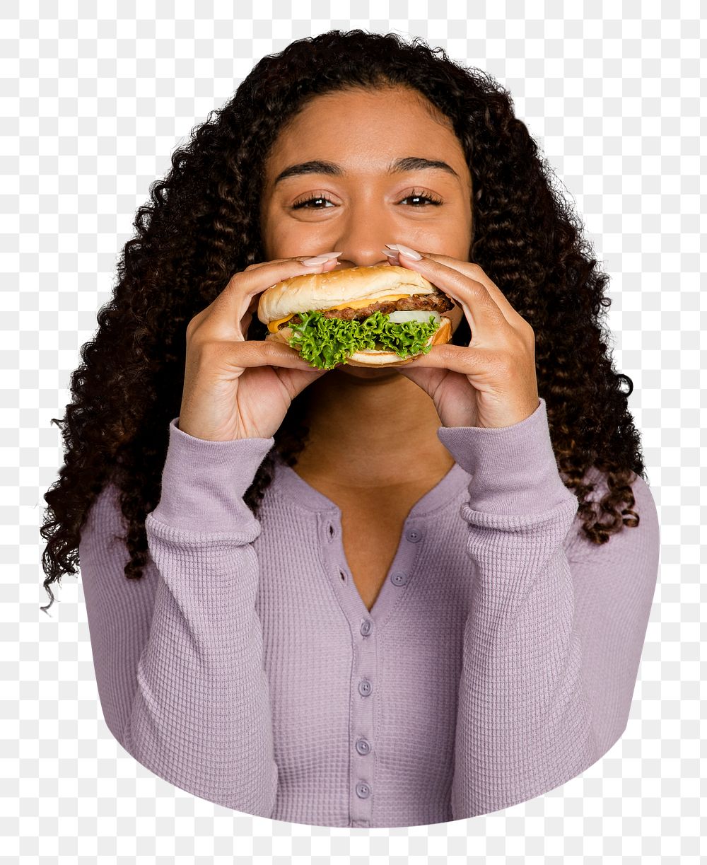 Hamburger png sticker, woman eating lunch, transparent background 