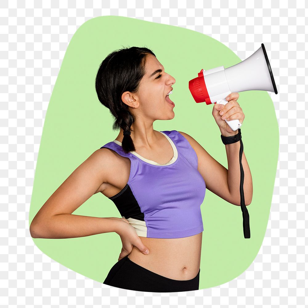 Woman with megaphone png badge sticker, transparent background