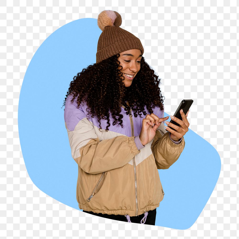 Woman with phone png badge sticker, transparent background