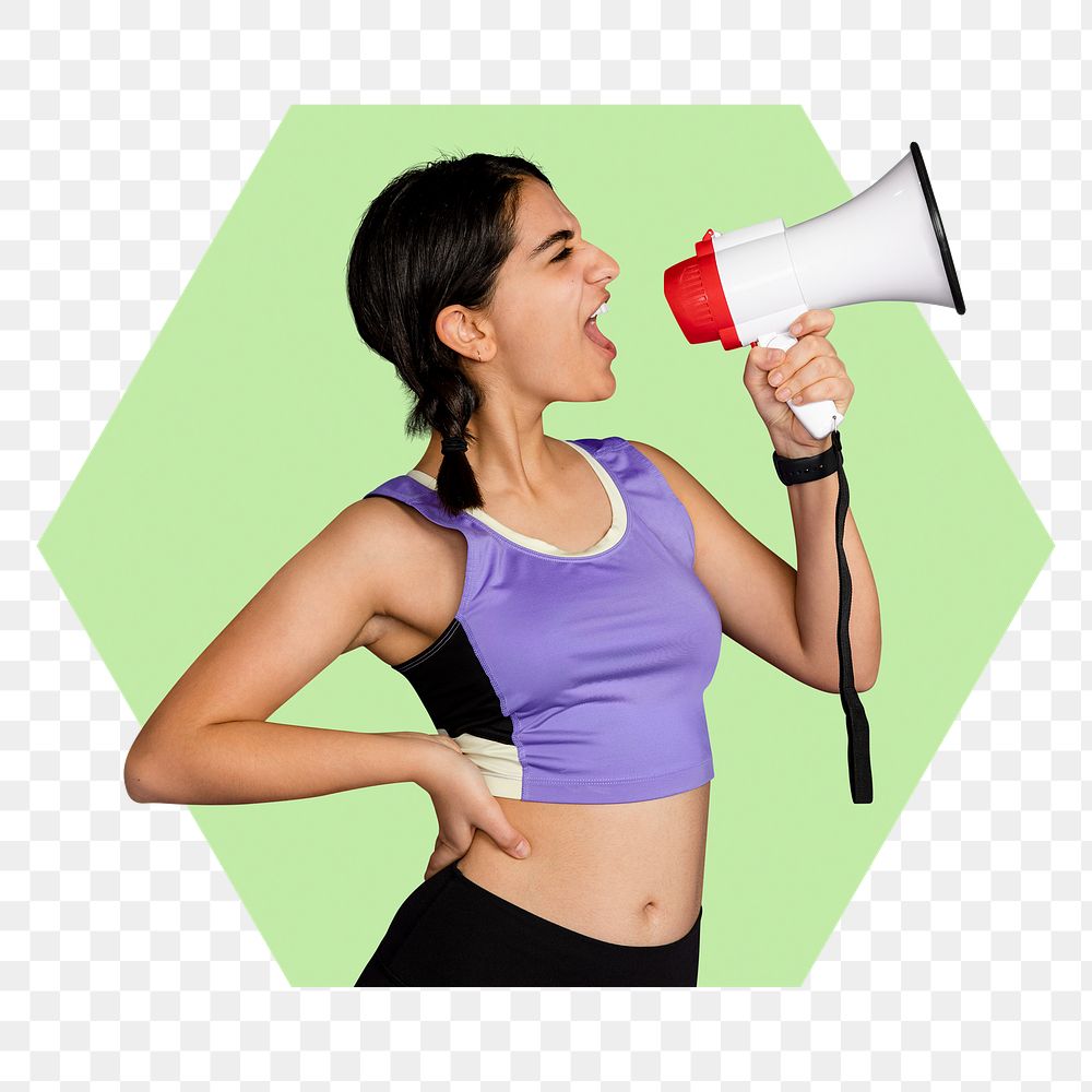 Woman with megaphone png badge sticker, transparent background
