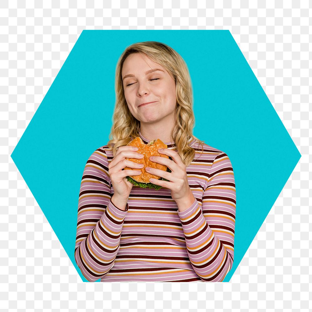 Png woman eating junk food badge, transparent background