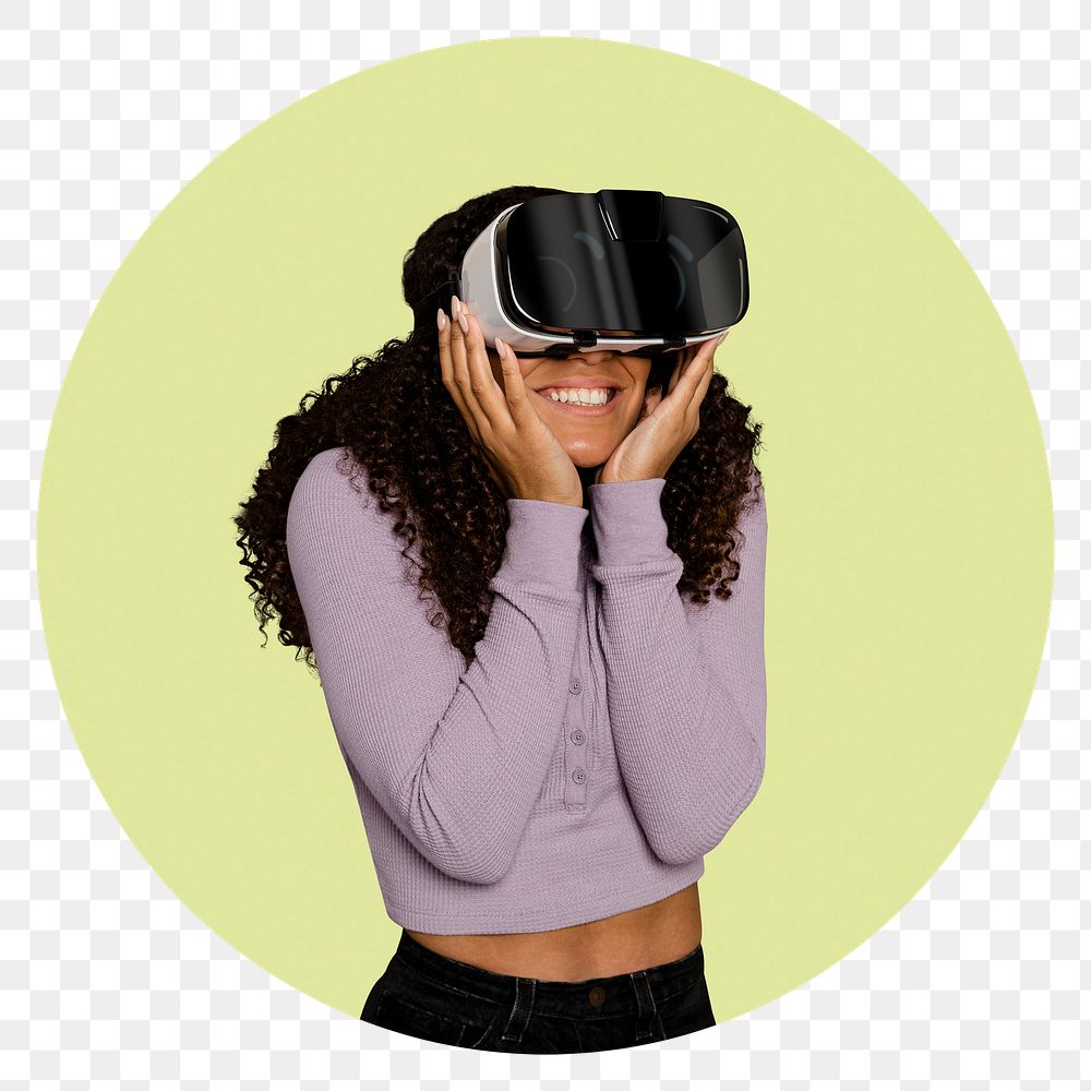 Png woman wearing VR goggles sticker, transparent background
