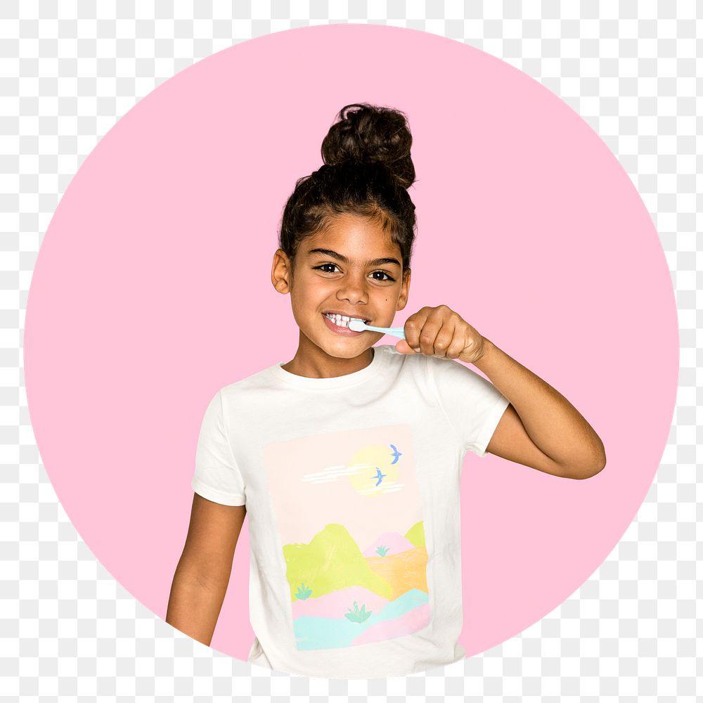 Girl brushing teeth png sticker, pink badge, transparent background 