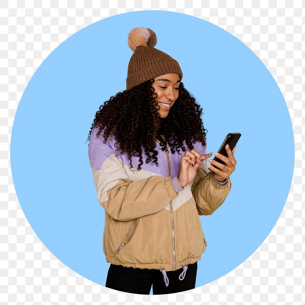 Woman with phone png badge sticker, transparent background