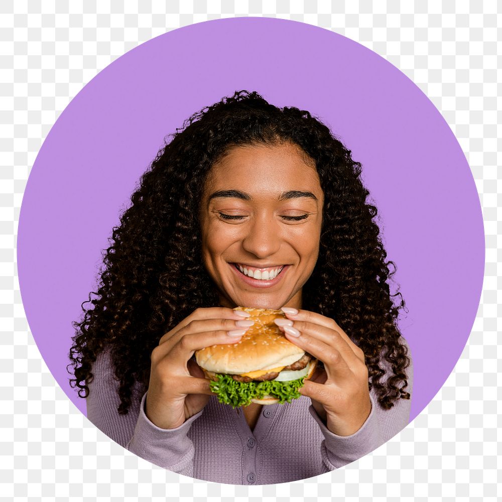 Png hamburger badge, woman eating, transparent background