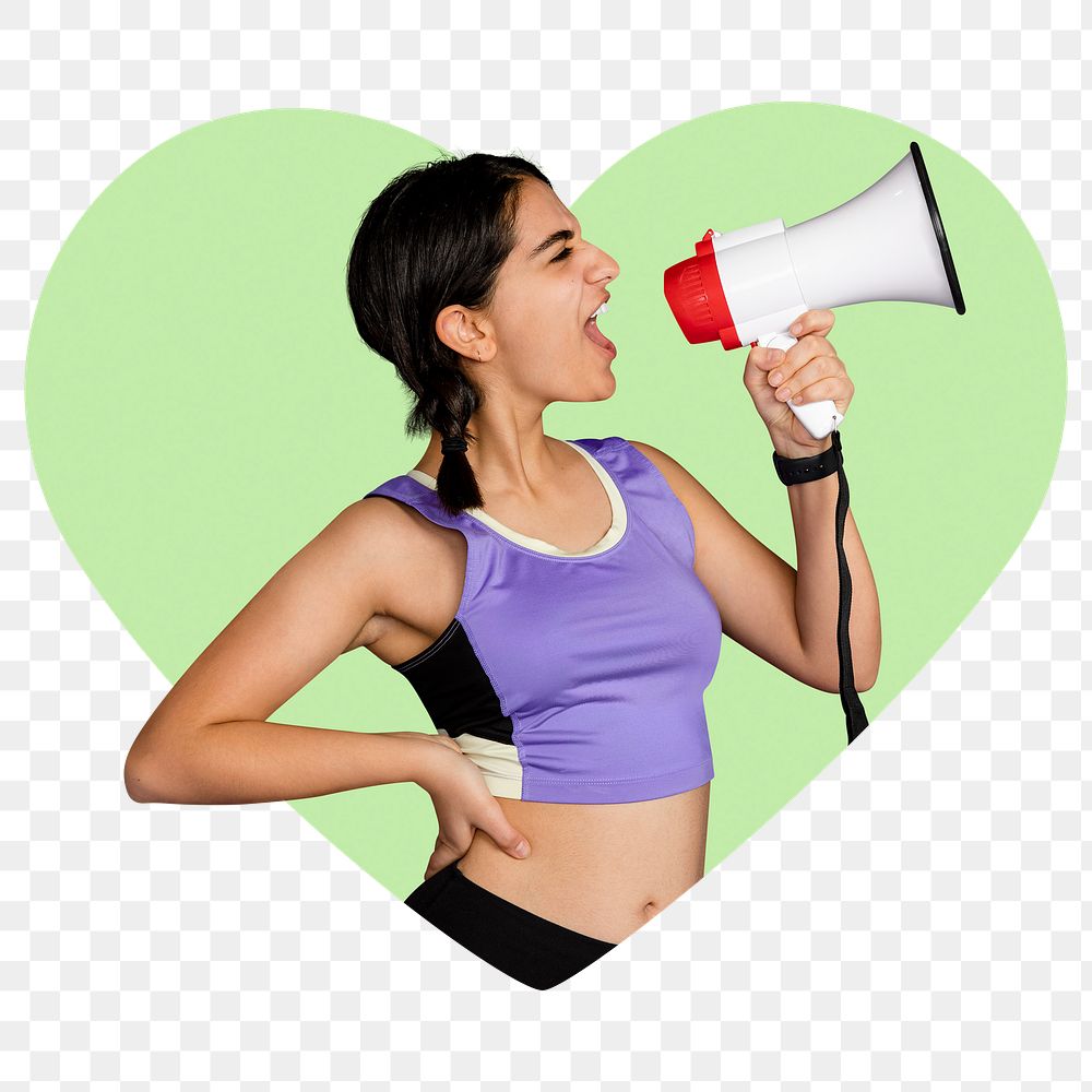 Feminist with megaphone png heart shape sticker, transparent background