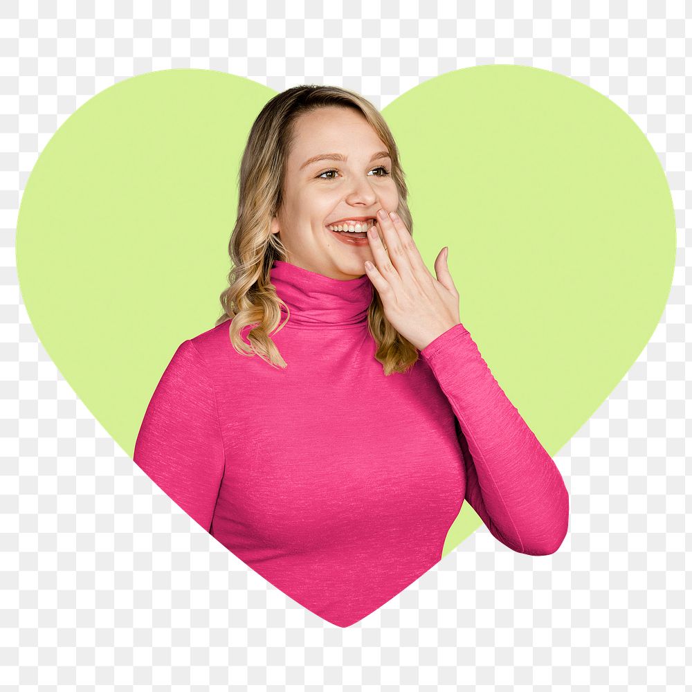 Surprised woman png heart shape sticker, transparent background