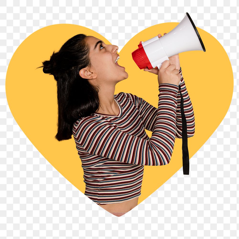 Feminist with megaphone png heart shape sticker, transparent background