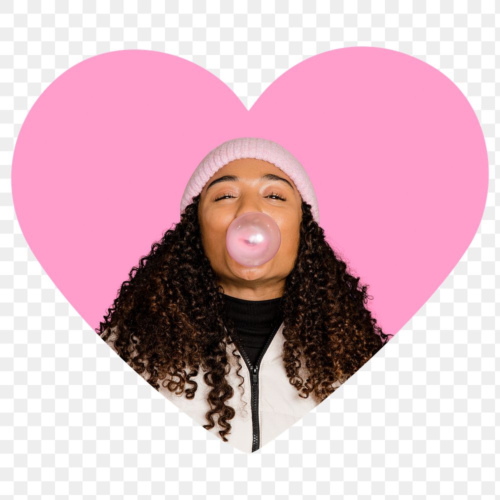 Woman with bubblegum png heart shape sticker, transparent background