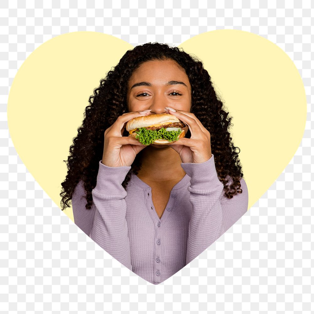 Png hamburger lunch, heart badge, transparent background