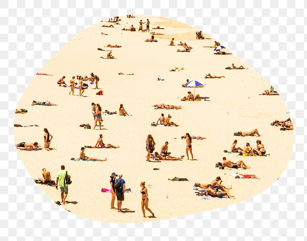 Png people at the beach badge sticker, Summer photo in blob shape, transparent background