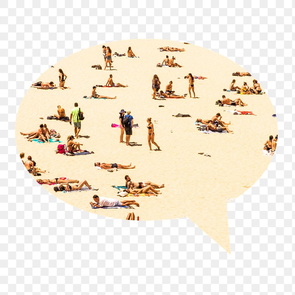 Png people at the beach badge sticker, Summer photo in speech bubble, transparent background