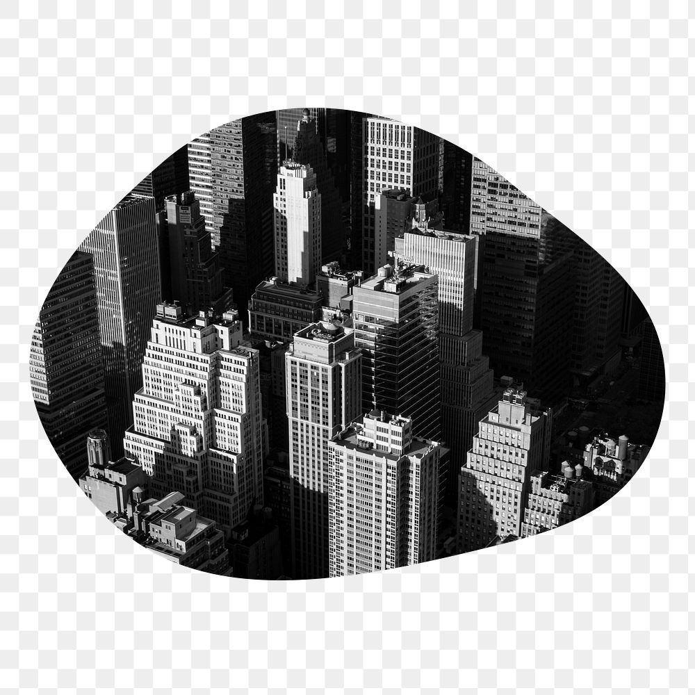Grayscale buildings png badge sticker, city photo in blob shape, transparent background