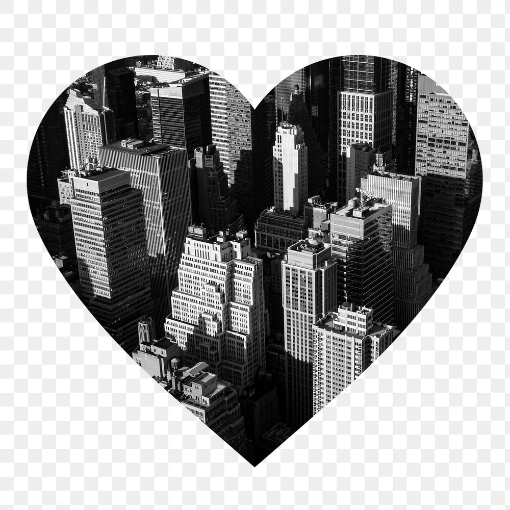 Grayscale buildings heart shape badge, city photo