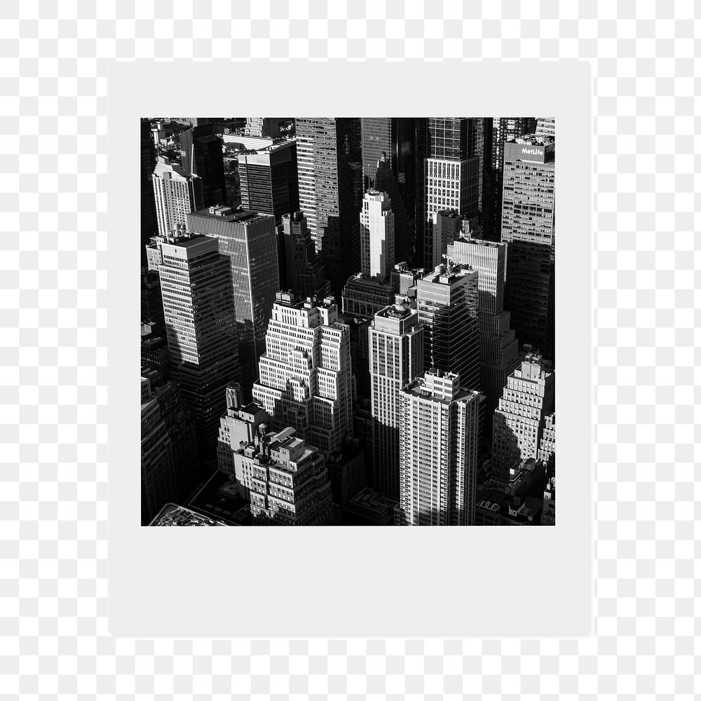 Grayscale buildings png sticker, city  instant photo, transparent background