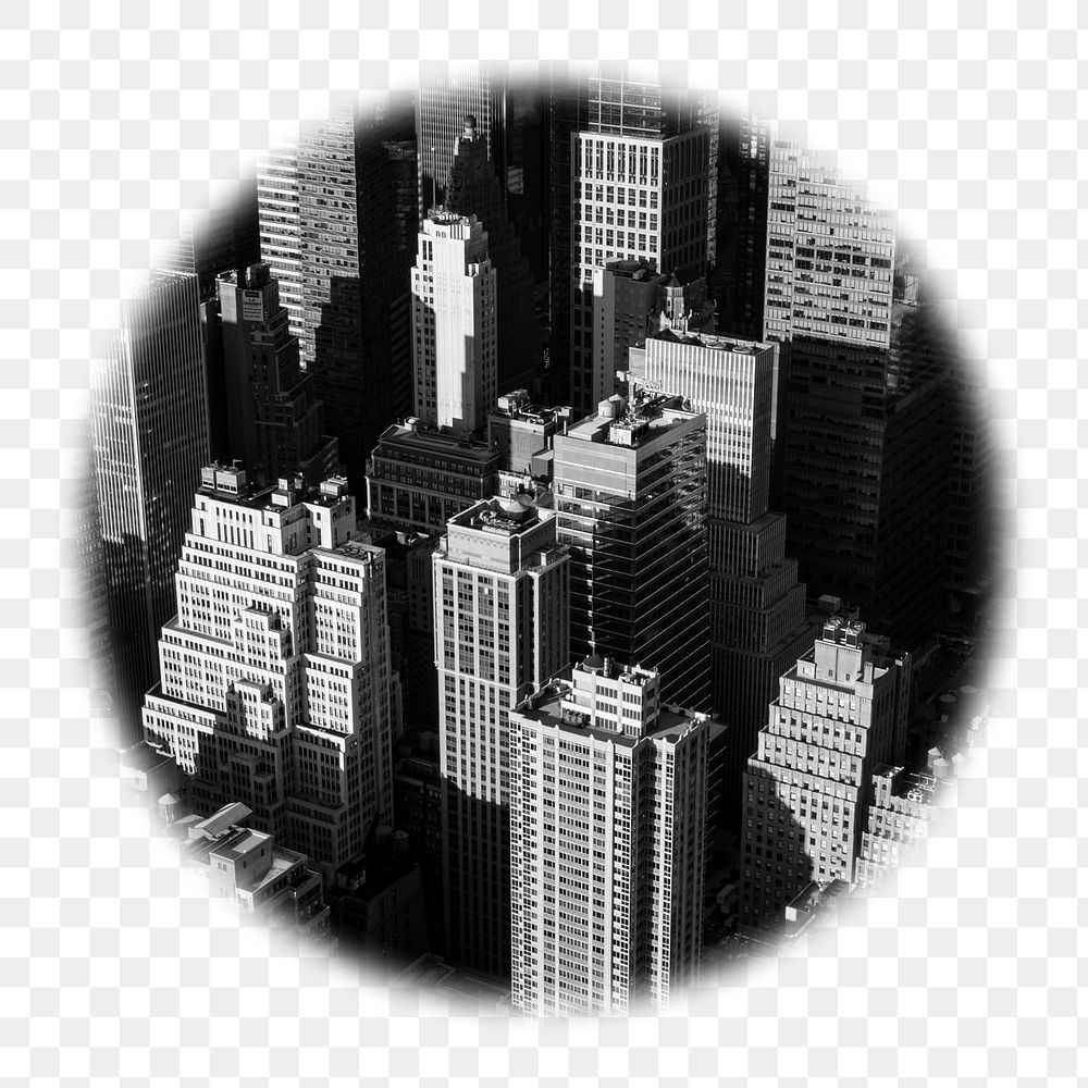 Grayscale buildings png badge sticker, city photo in soft edge circle, transparent background