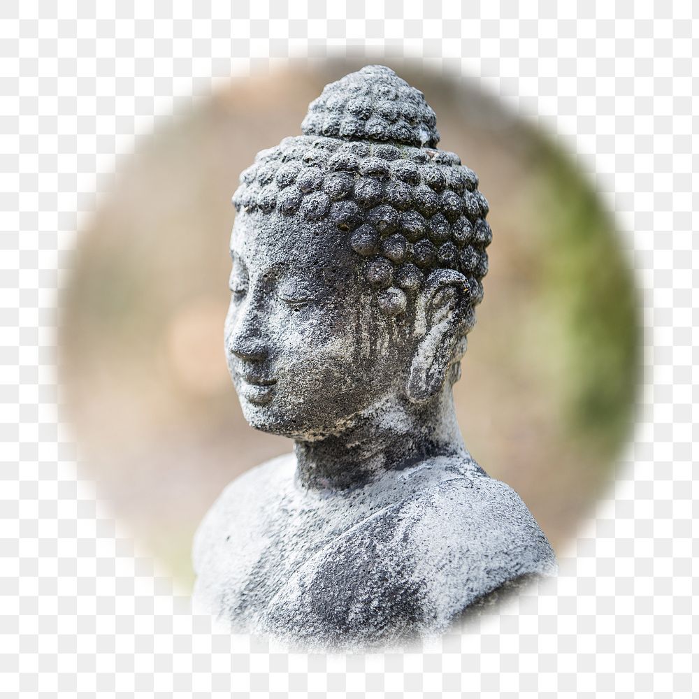 Buddha statue png badge sticker, religious photo in soft edge circle, transparent background