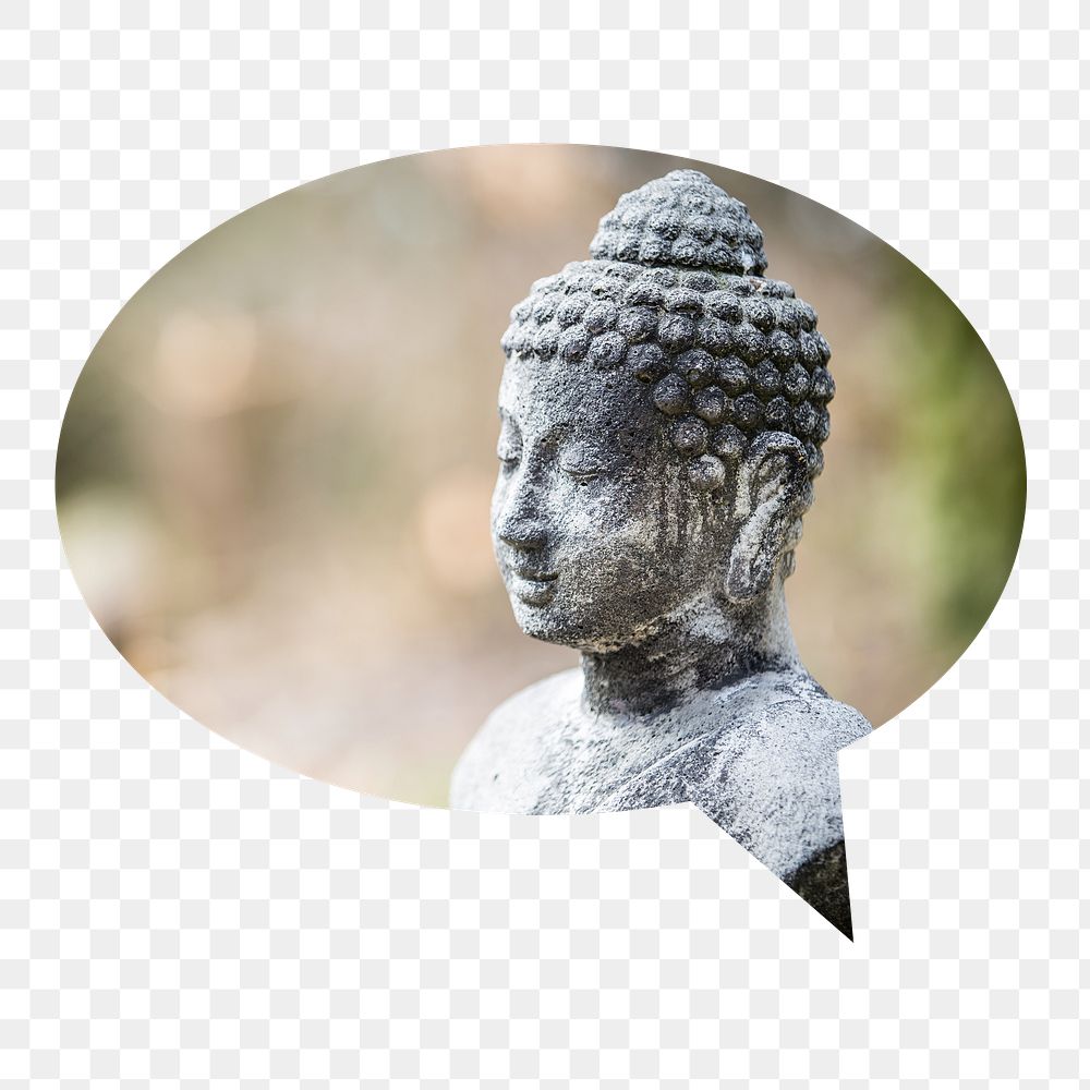 Buddha statue png badge sticker, religious photo in speech bubble, transparent background