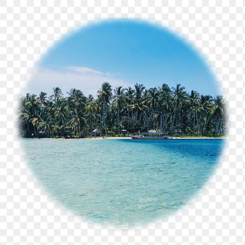 Tropical beach png badge sticker, Summer photo in soft edge circle, transparent background