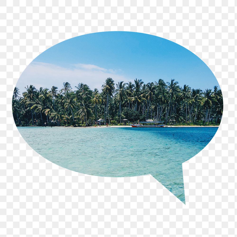 Tropical beach png badge sticker, Summer photo in speech bubble, transparent background