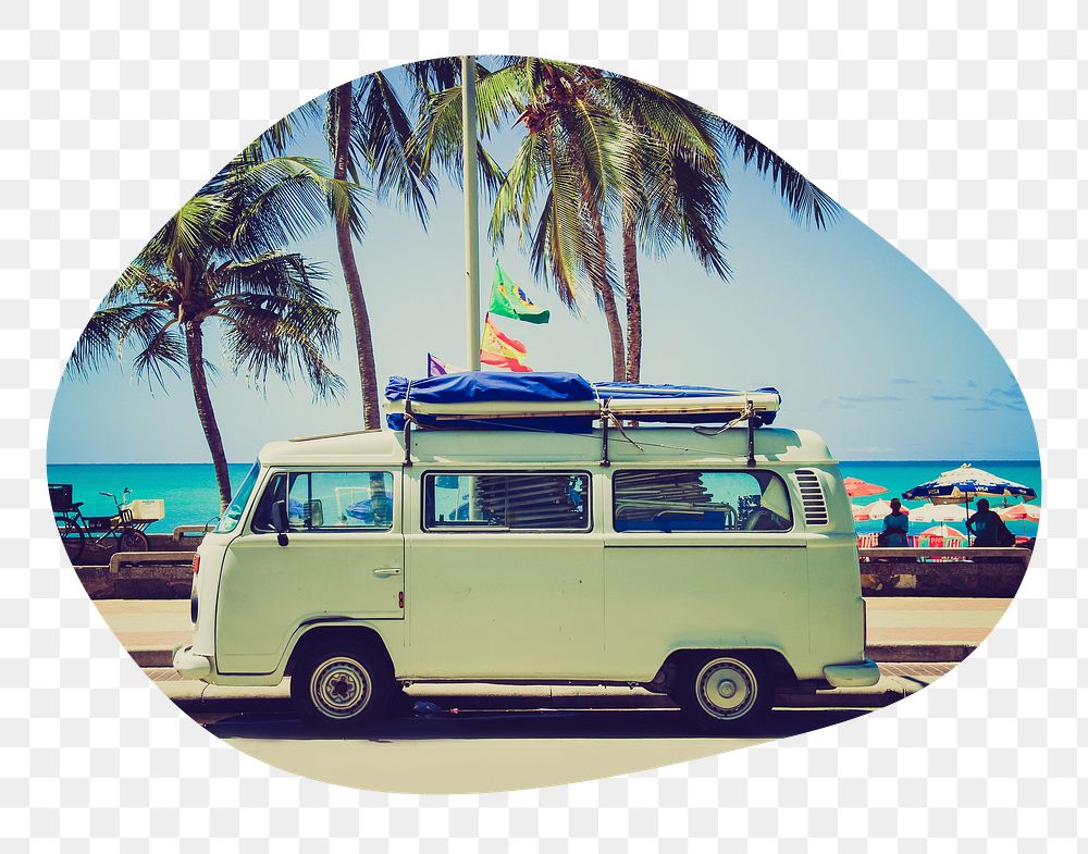 Png Summer camper van badge sticker, travel photo in blob shape, transparent background