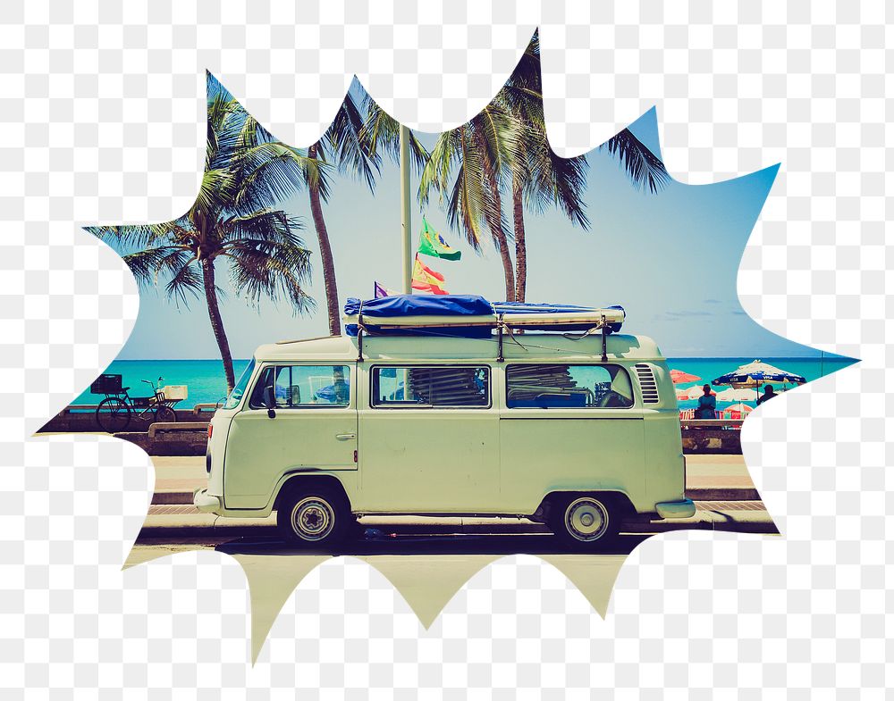 Png summer camper van badge sticker, travel photo in bang  shape, transparent background