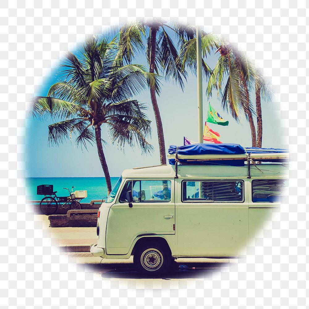 Png Summer camper van badge sticker, travel photo in soft edge circle, transparent background