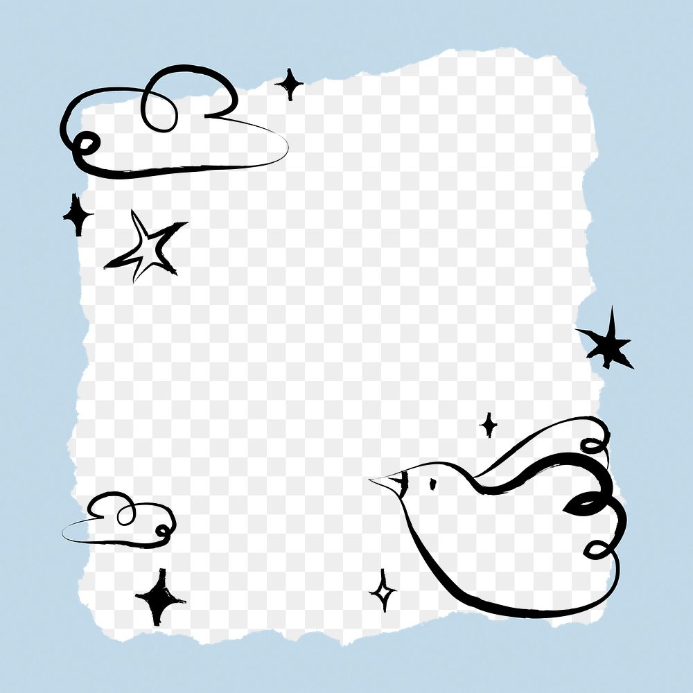 Blue bird png doodle frame, transparent background