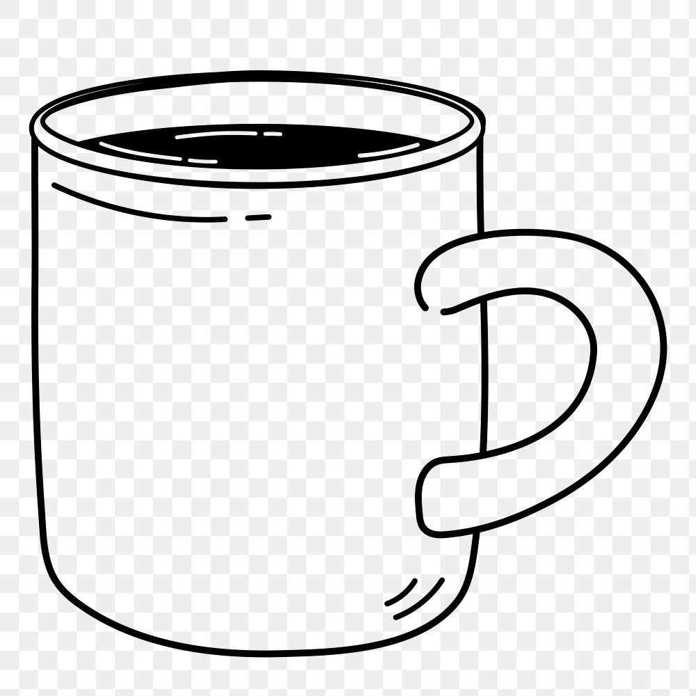 Coffee mug png doodle sticker, black & white illustration, transparent background