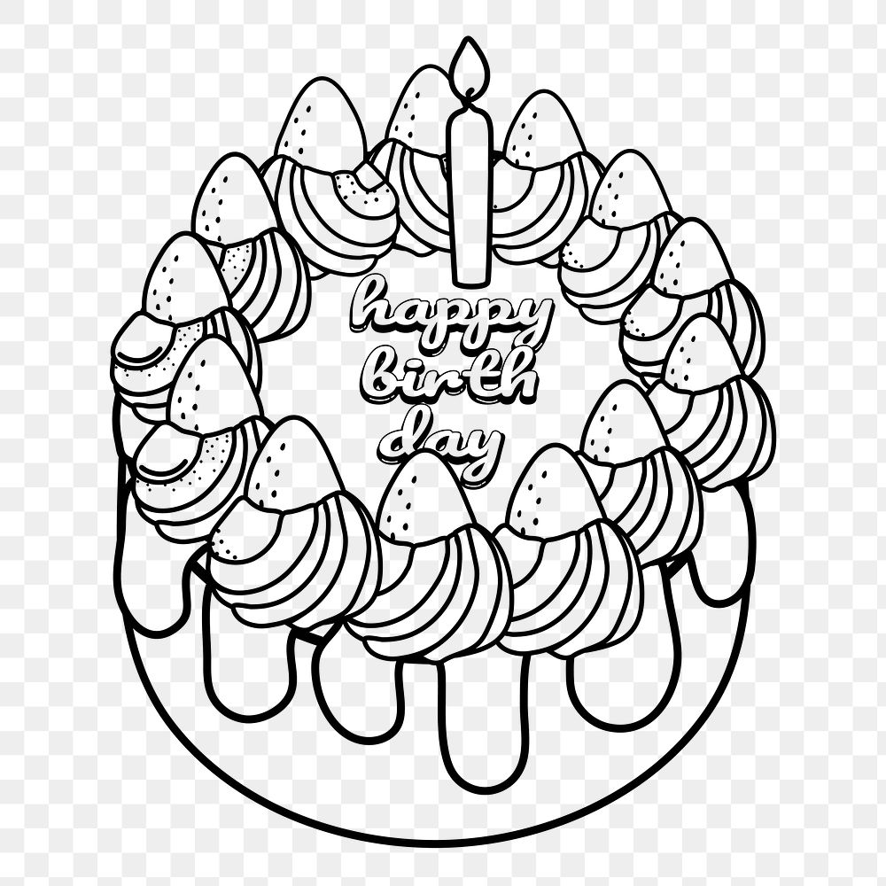 Birthday cake png doodle sticker, black & white illustration, transparent background