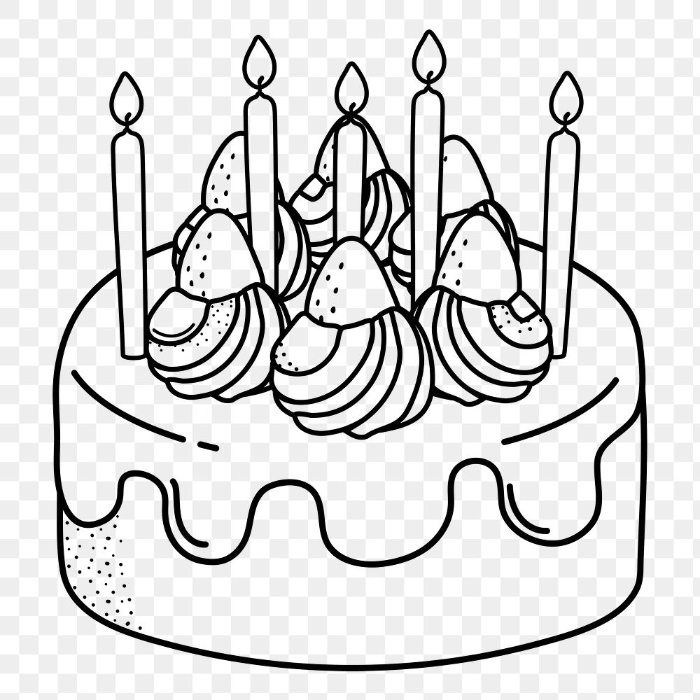 Birthday cake png doodle sticker, black & white illustration, transparent background