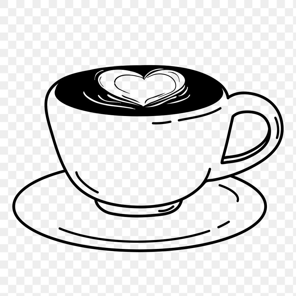 Heart coffee png doodle sticker, black & white illustration, transparent background