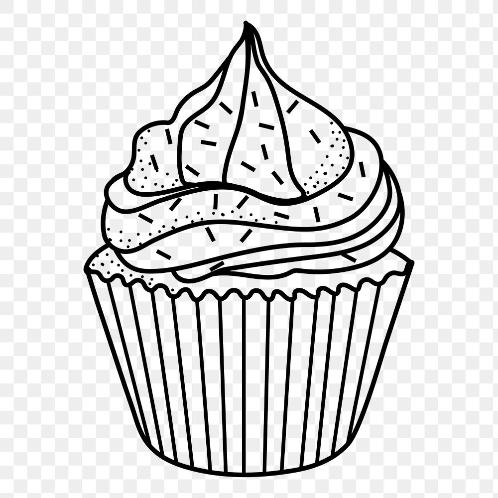 Cupcake png doodle sticker, black & white illustration, transparent background