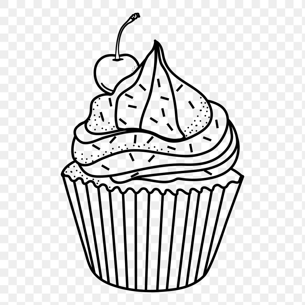Cupcake png doodle sticker, black & white illustration, transparent background
