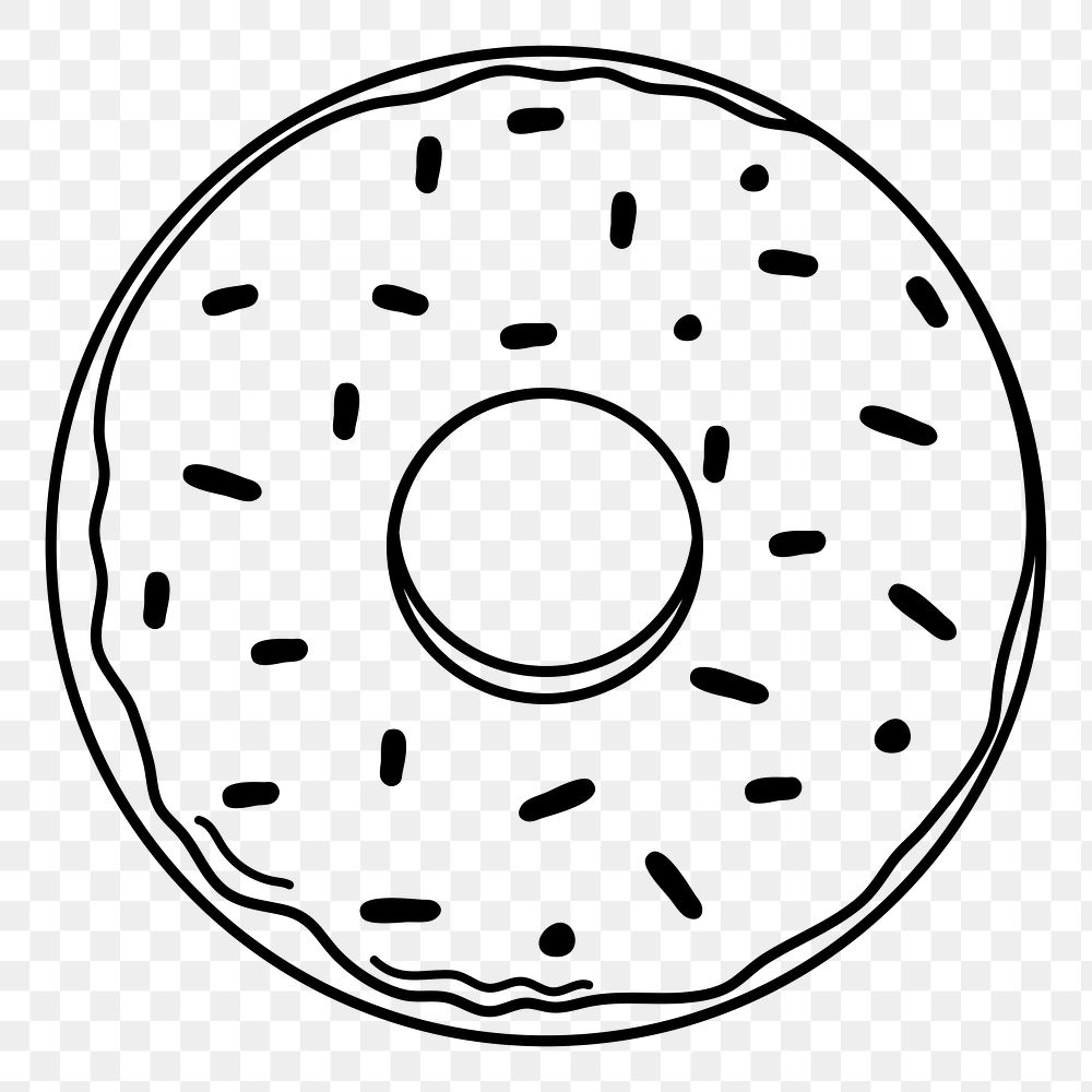 Donut png doodle sticker, black & white illustration, transparent background