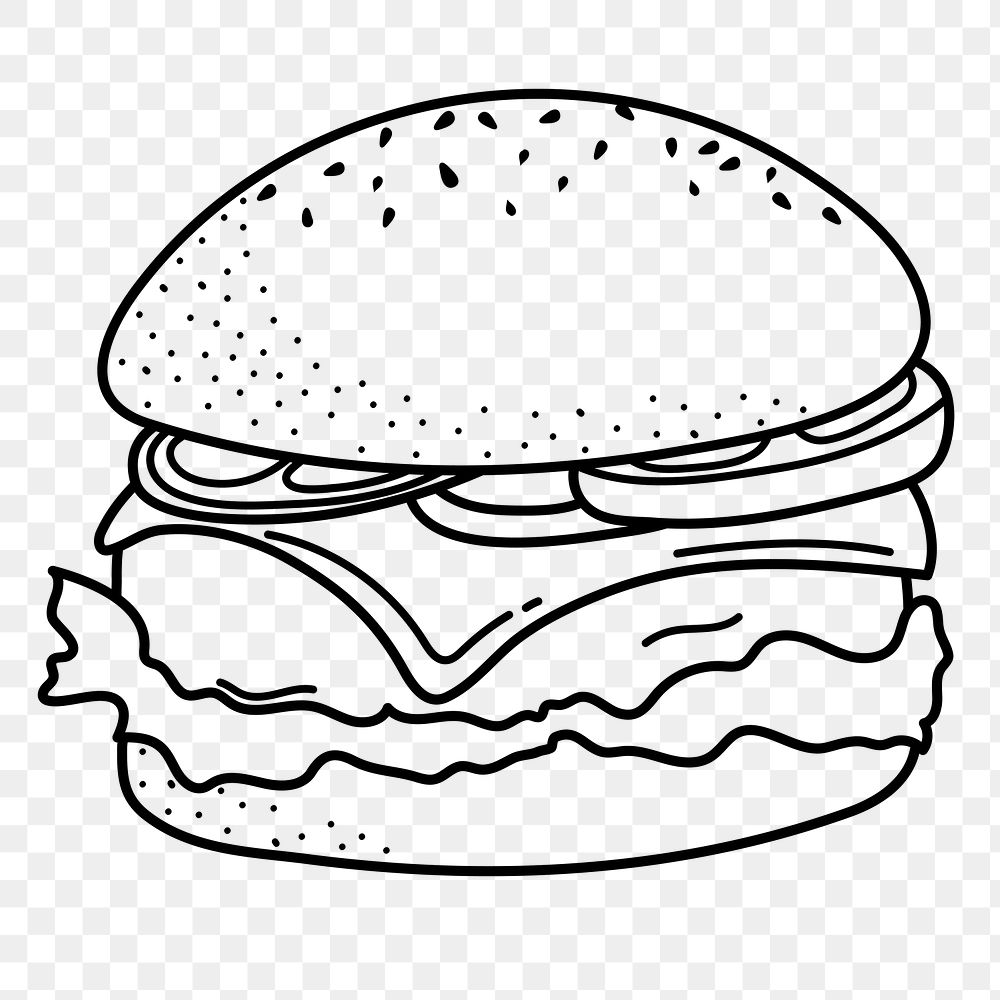 Hamburger png doodle sticker, black & white illustration, transparent background