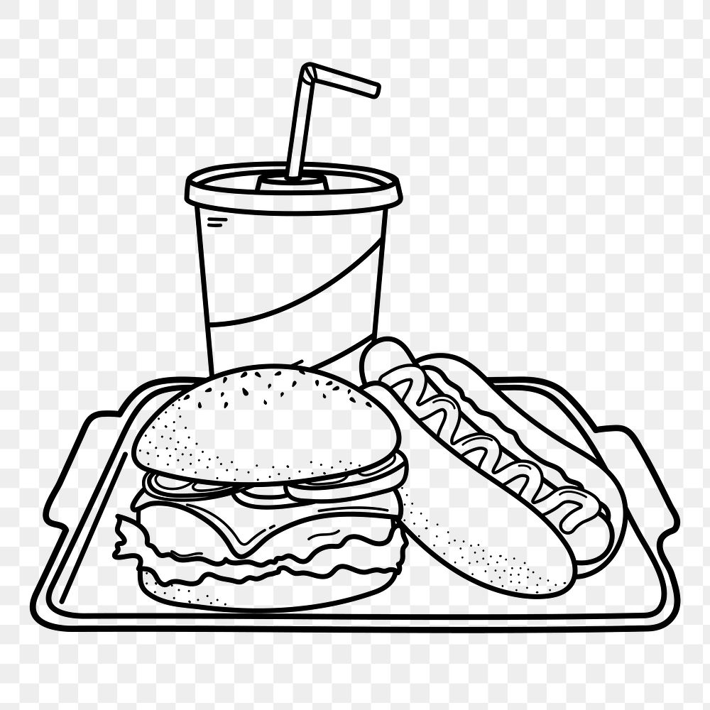 Fast food png doodle sticker, black & white illustration, transparent background