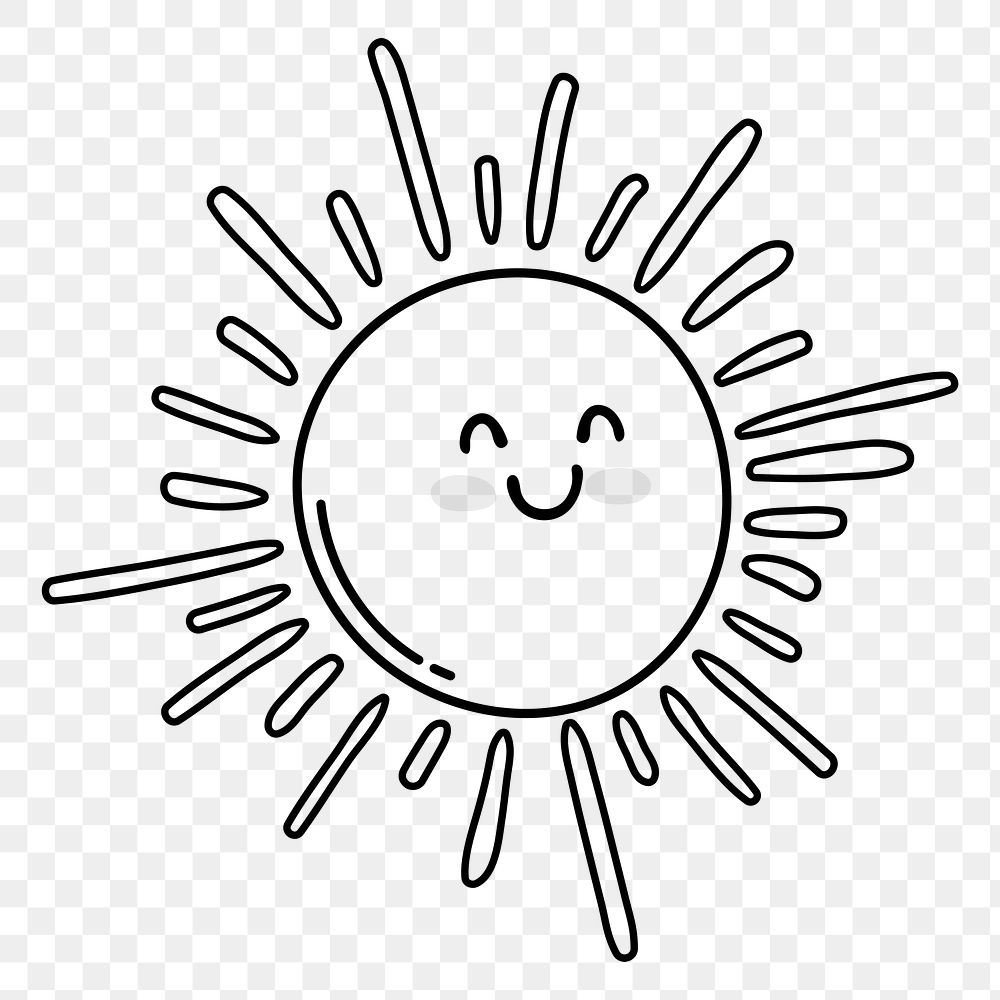 Smiling sun png doodle sticker, black & white illustration, transparent background