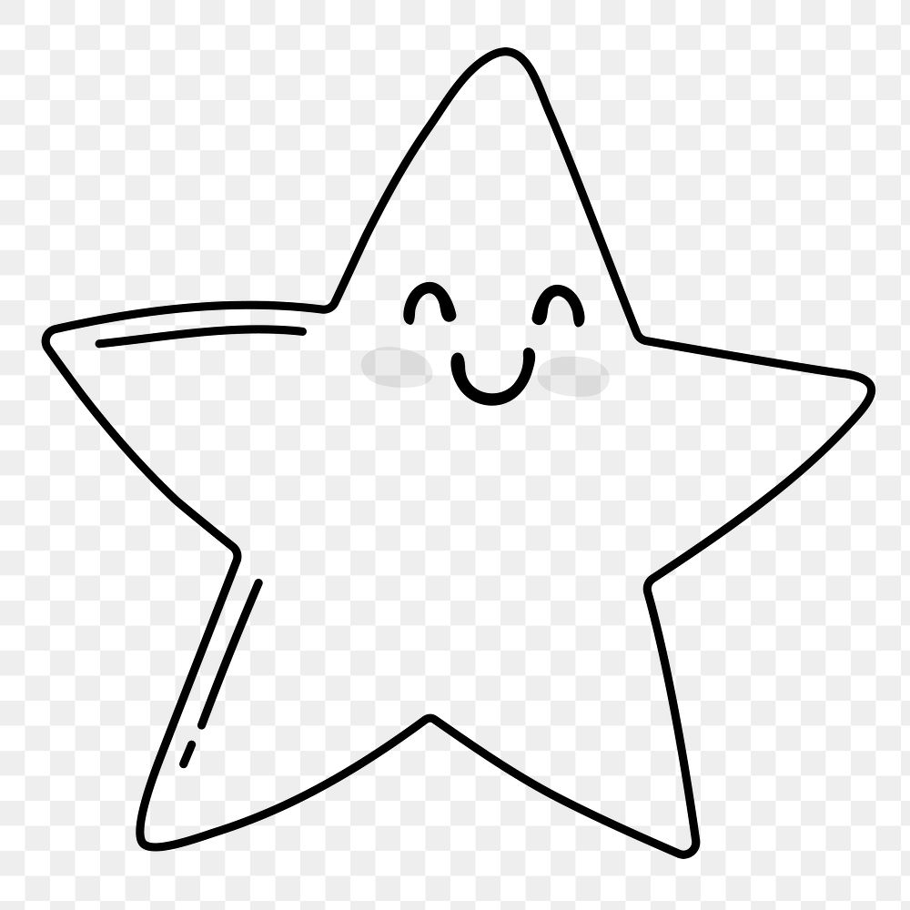 Smiling star png doodle sticker, black & white illustration, transparent background