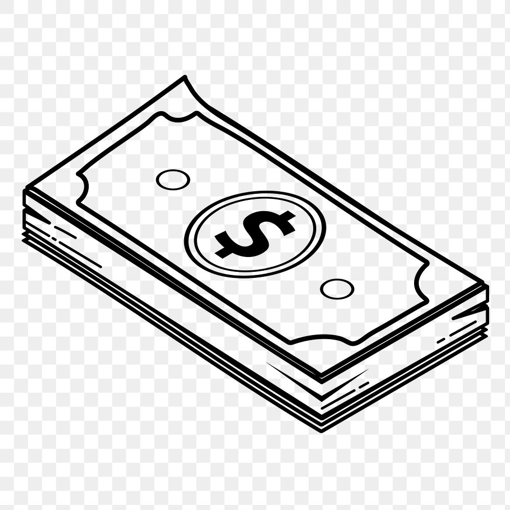 Money png doodle sticker, black & white illustration, transparent background